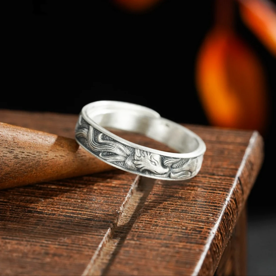 足银戒指 【佰万银庄】足银复古九尾灵狐开口戒纯手工古法做旧戒