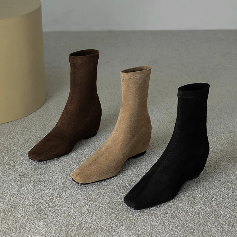 手工女靴~5.5cm内增高弹力瘦瘦靴百搭配裙子时尚秋冬新款短靴法式
