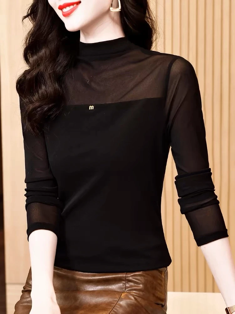 半高领网纱打底衫女内搭2025春秋新款长袖T恤洋气小衫蕾丝上衣潮