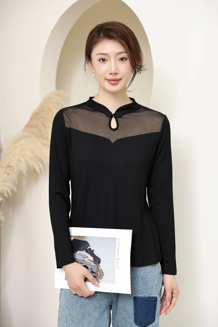 旗袍领盘扣网纱打底衫2025春秋新款女上衣高档气质春秋冬内搭小衫