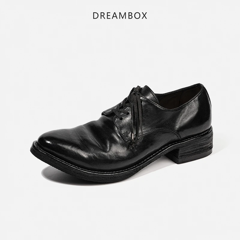 DREAMBOX钧博秋季新款水洗马皮休闲皮鞋手工固特异男士尖头德比鞋