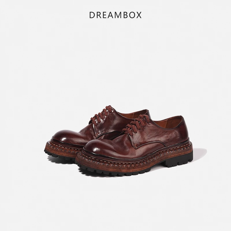 dreambox钧博vibram女鞋粗跟厚底大头德比鞋水洗马皮透气单鞋