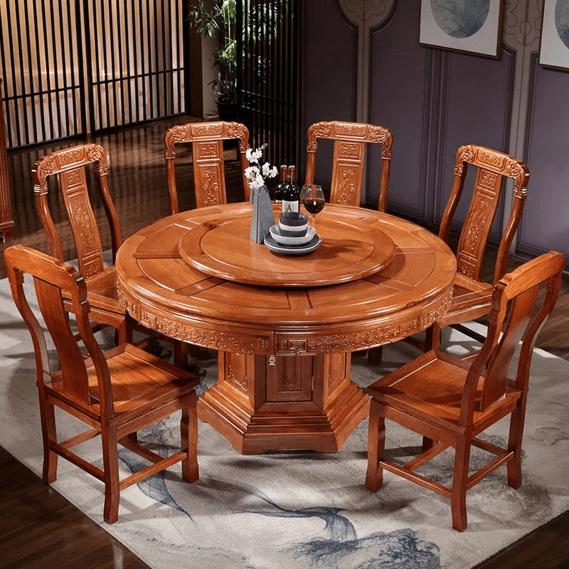 新中式圆形素面雕花餐桌椅组合明清古典家用饭店餐厅吃饭桌别墅