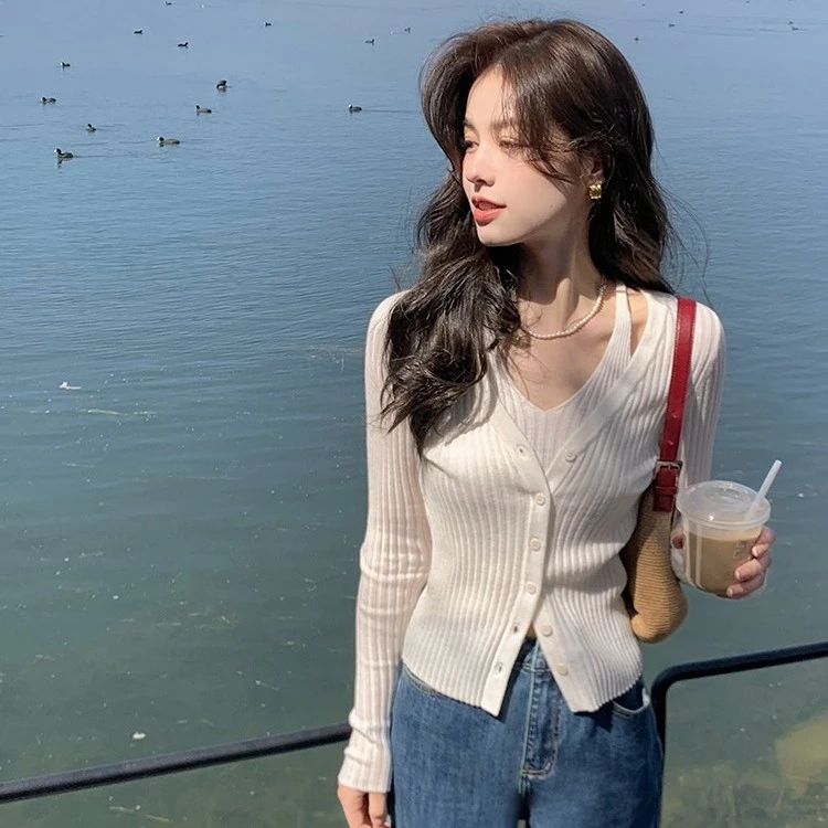 春装女士毛衣内搭长袖早春假两件开衫修身显瘦法式打底针织衫上衣