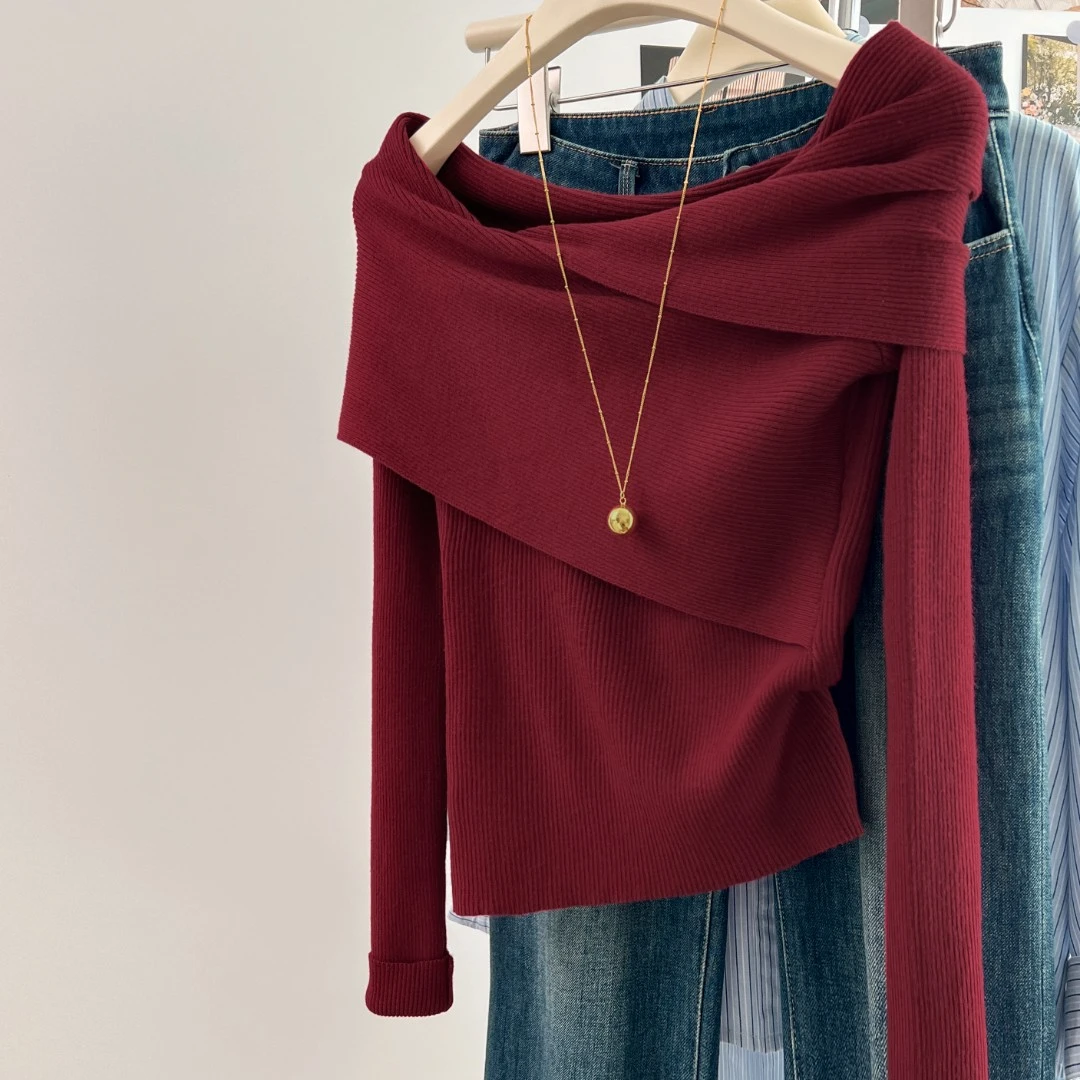 时髦洋气纯欲风红色一字肩外穿毛衣上衣女秋季长袖内搭针织打底衫