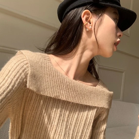 秋装女士长袖温柔洋气外穿一字领打底针织衫秋冬内搭网红毛衣上衣
