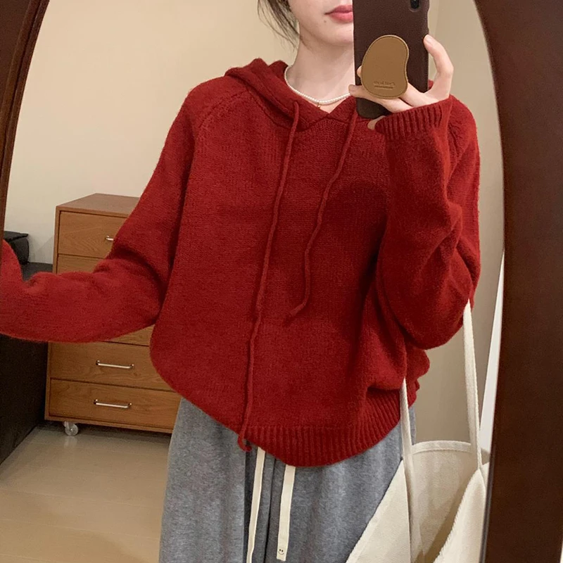 韩系洋气红色连帽打底针织衫毛衣女秋冬季慵懒风内搭宽松套头上衣
