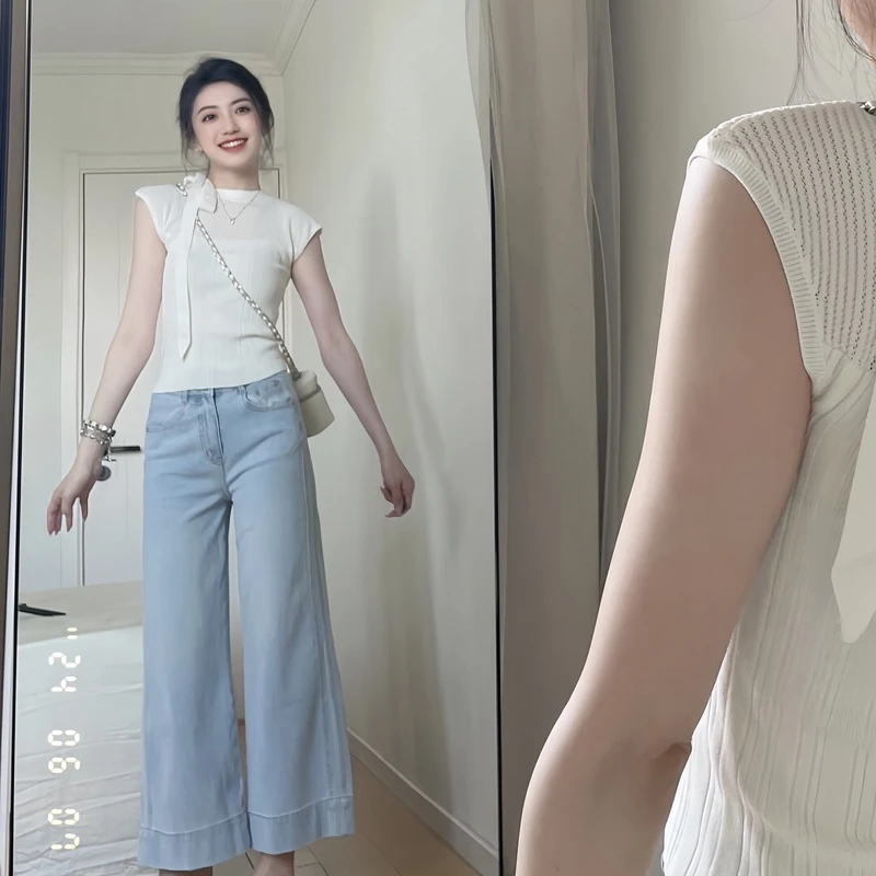 白色蝴蝶结绑带镂空针织短袖T恤夏季女装时髦洋气高级感薄款上衣