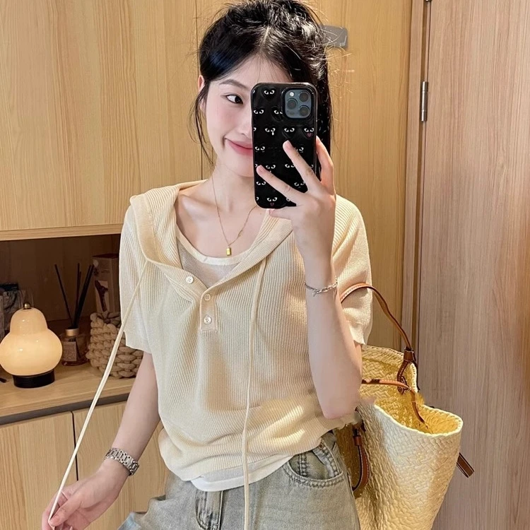 夏季女装网红潮款时髦洋气气质连帽假两件针织衫短袖T恤薄款上衣