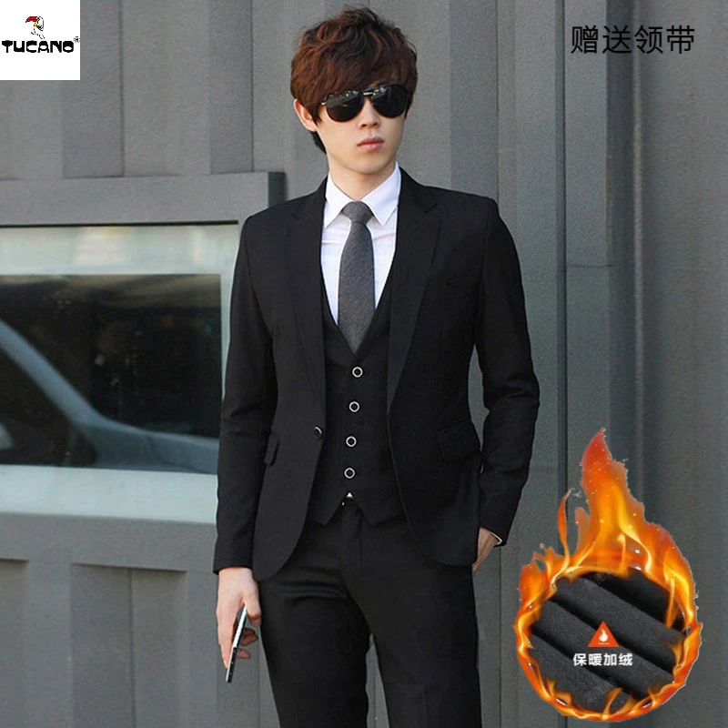 啄木鸟加绒加厚保暖西装男士秋冬西服套装修身新郎结婚商务正装