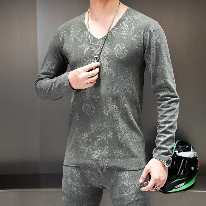 国风压花保暖套装男士保暖内衣V领秋衣秋裤御寒保暖植物花卉