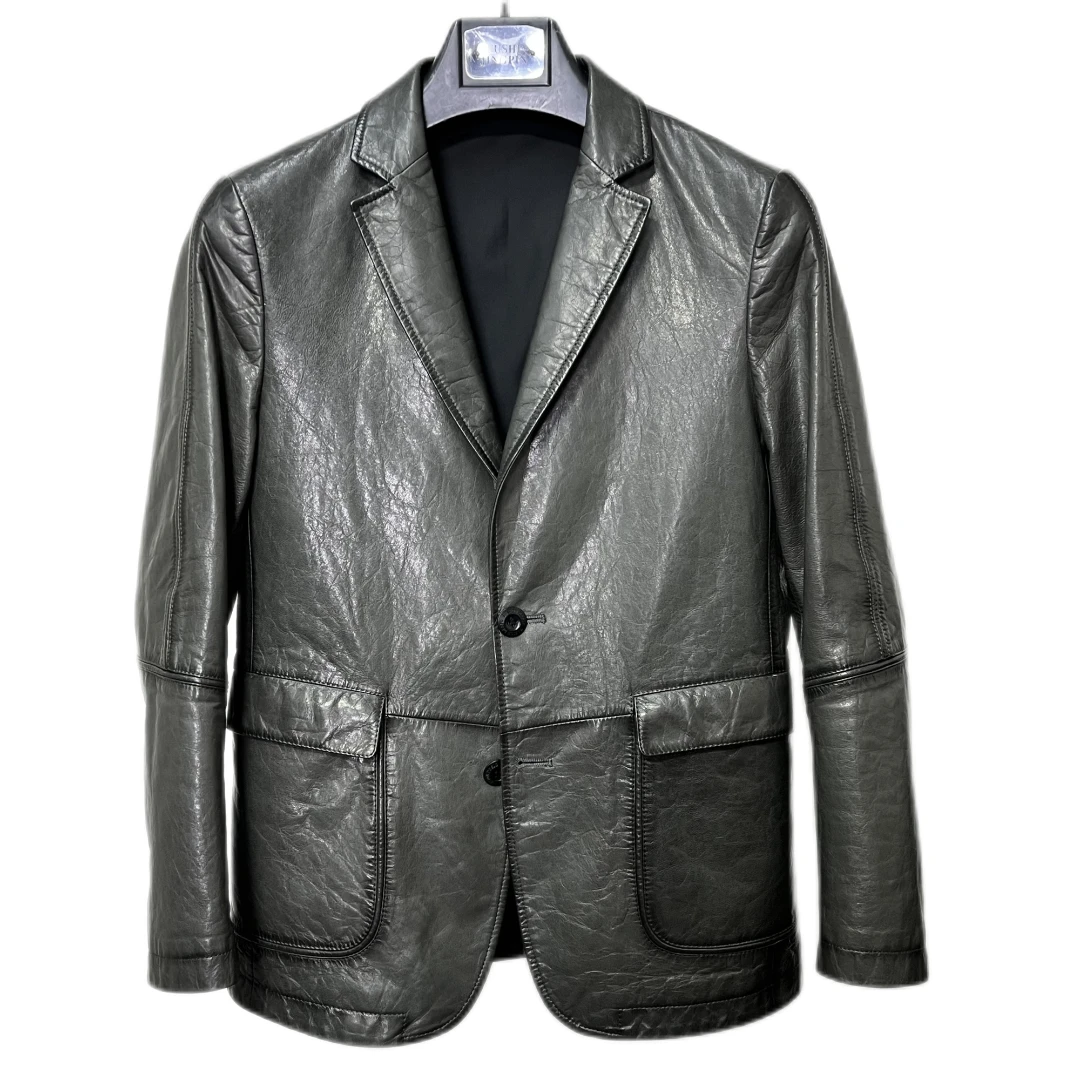 【ALT】2018秋冬男士西服领山羊油蜡休闲西服真皮外套