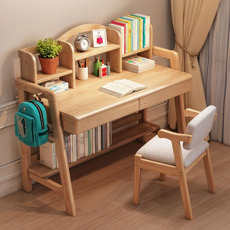 实木书桌书架一体可升降家用台式电脑桌简易儿童学生学习桌椅套餐