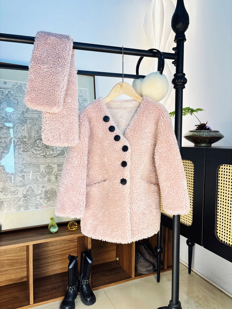 100%羊毛长款儿童外套24秋冬新款全羊毛可拆卸围巾亲子装童装