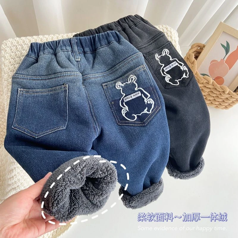 男童冬季一体绒牛仔裤2022新款儿童加绒加厚柔软裤子宝宝保暖长裤