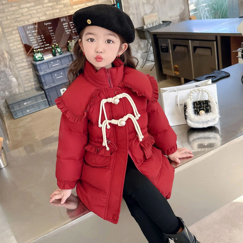 女童棉服中长款2023新款冬季洋气宝宝加厚拜年服儿童保暖棉衣