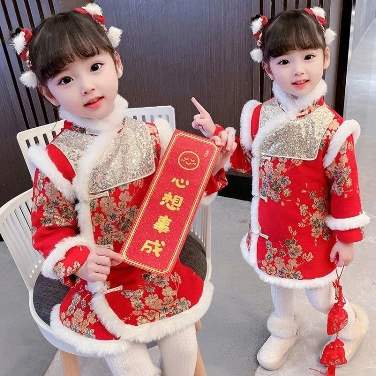 汉服女童冬长袖喜庆加厚中国风唐装儿童改良夹棉旗袍公主裙拜年服