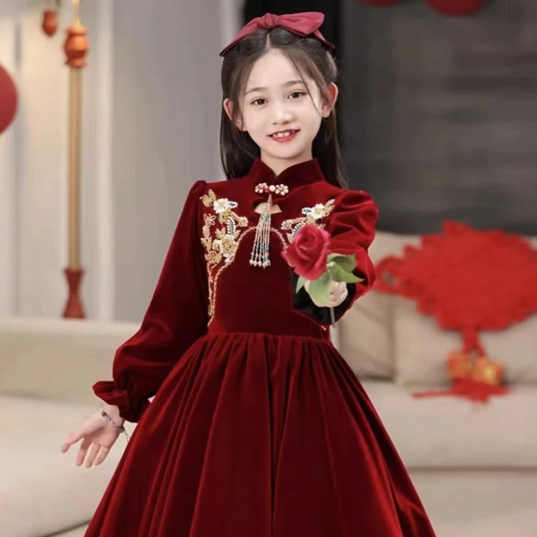 【龙凤呈祥】礼服女童高端公主裙儿童主持人花童婚礼钢琴演出酒红色