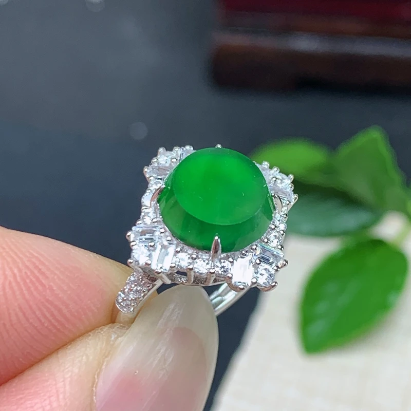 优惠新品纯天然A货翡翠925银托圈口老坑冰种绿色无事平安牌戒指