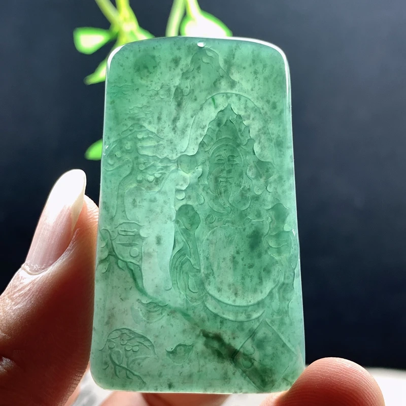 优惠纯天然A货翡翠蓝绿色雪花棉招财进宝步步高升财神吊坠