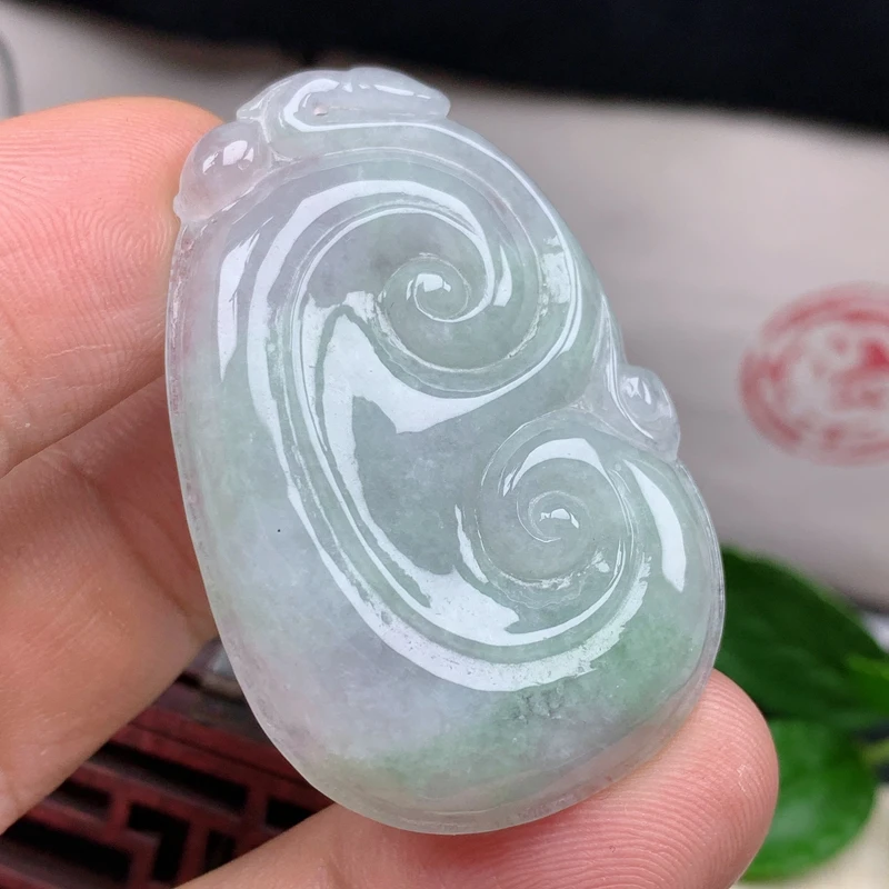 缅甸纯天然翡翠A货玉器玉牌老坑淡色冰种吉祥如意万事如意吊坠
