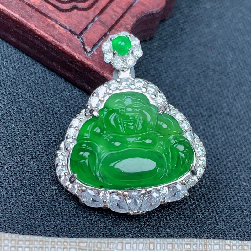 优惠纯天然A货翡翠老坑料冰种满绿色大肚玉佛笑口常开吊坠轻奢