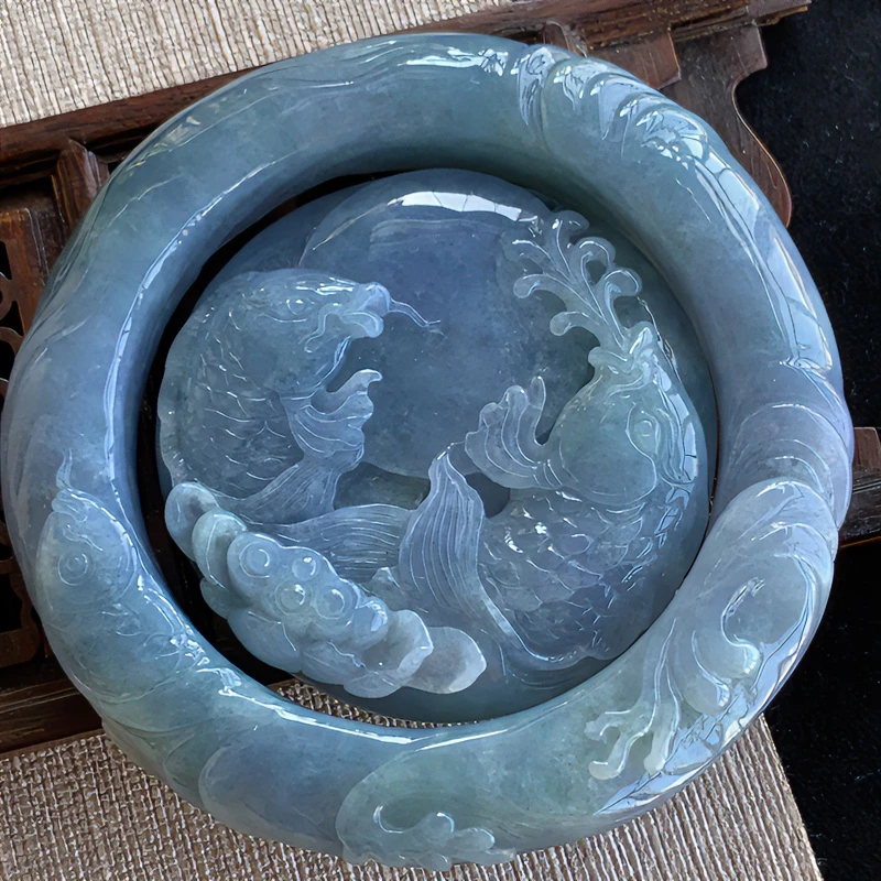 圈口56雕花手镯缅甸纯天然A翡翠紫色年年有余手镯吊坠一套