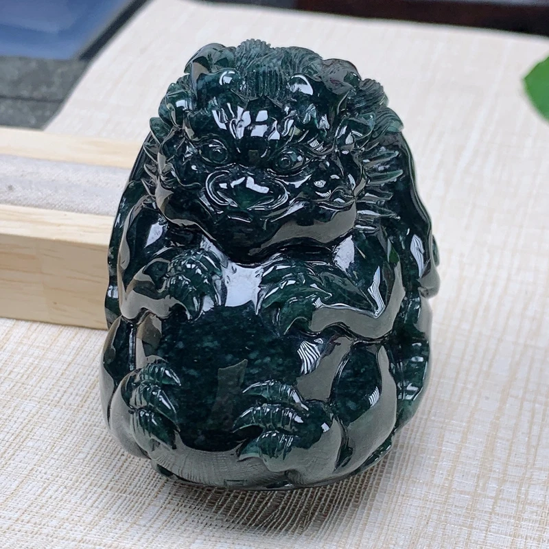 优惠纯天然翡翠A货深蓝色老坑料神龙现世可爱Q宝宝龙把件小摆件