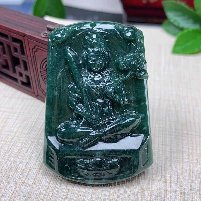优惠翡翠纯天然A货老坑种蓝绿色雪花棉生肖牛虎守护神虚空藏吊坠