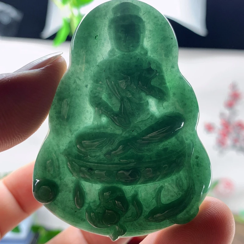 优惠翡翠纯天然A货蓝绿色雪花棉守护神生肖羊猴大日如来吊坠