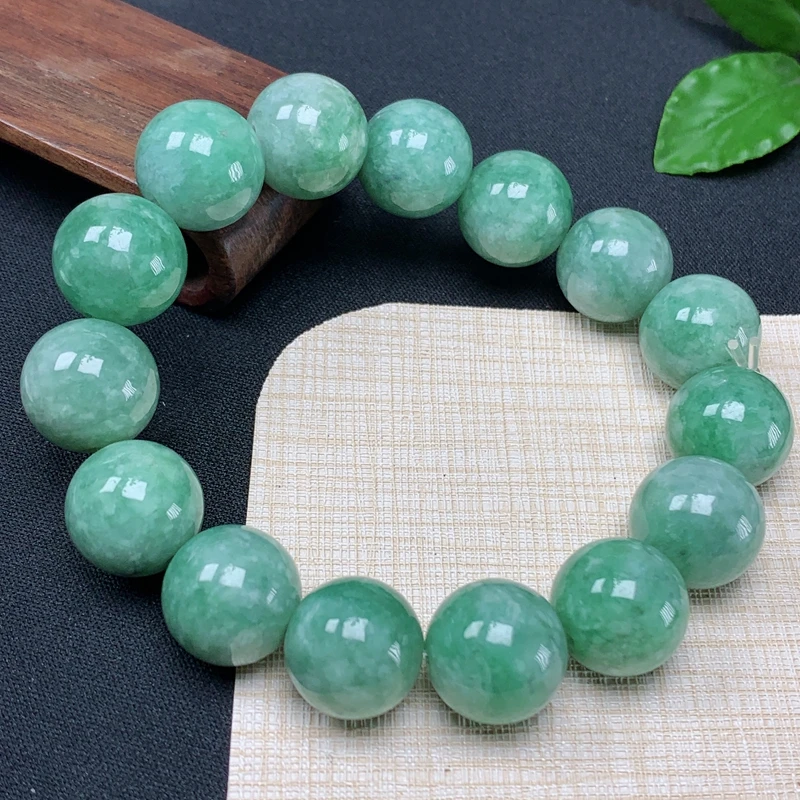 卡14.6缅甸纯天然A货翡翠珠形玉项链款飘花冰种满绿色手串送礼