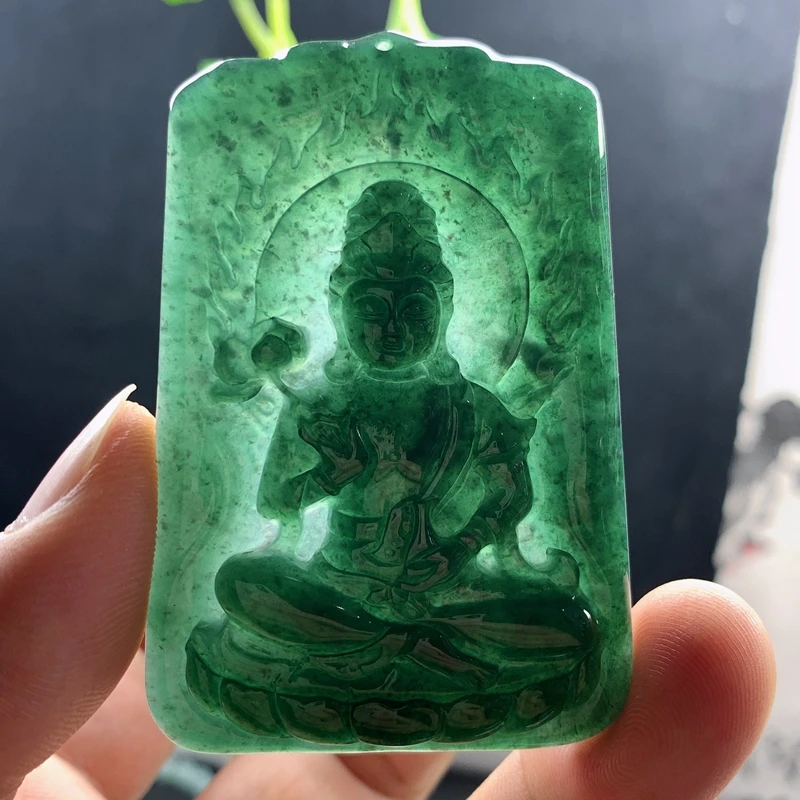 优惠纯天然A货翡翠蓝绿色12生肖马大势至护神观音菩萨吊坠