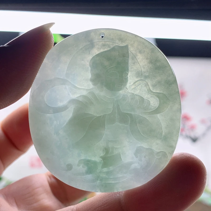 缅甸纯天然翡翠A货老坑料俏色精雕玉器牌海神妈姐守护神挂吊坠