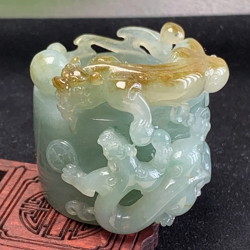 内径25缅甸纯天然A货翡翠冰种绿色小摆件黄翡龙扳指戒指金龙