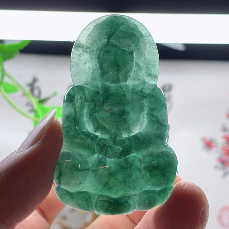 优惠纯天然A货翡翠蓝绿色雪花棉守护神净瓶观音菩萨吊坠精雕