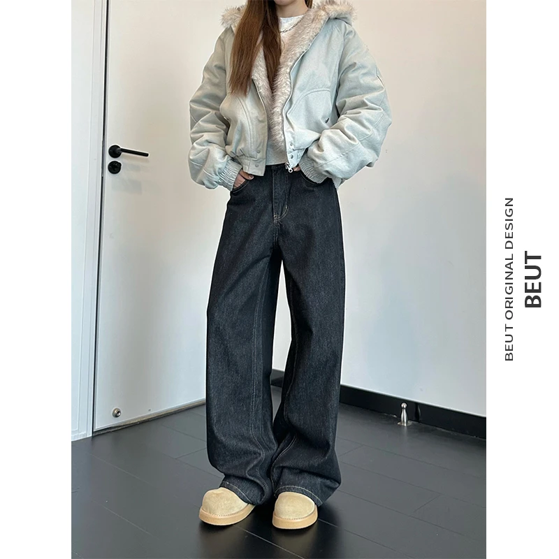 Beautget潮流原色丹宁原牛牛仔裤男女同款宽松直筒牛仔长裤潮