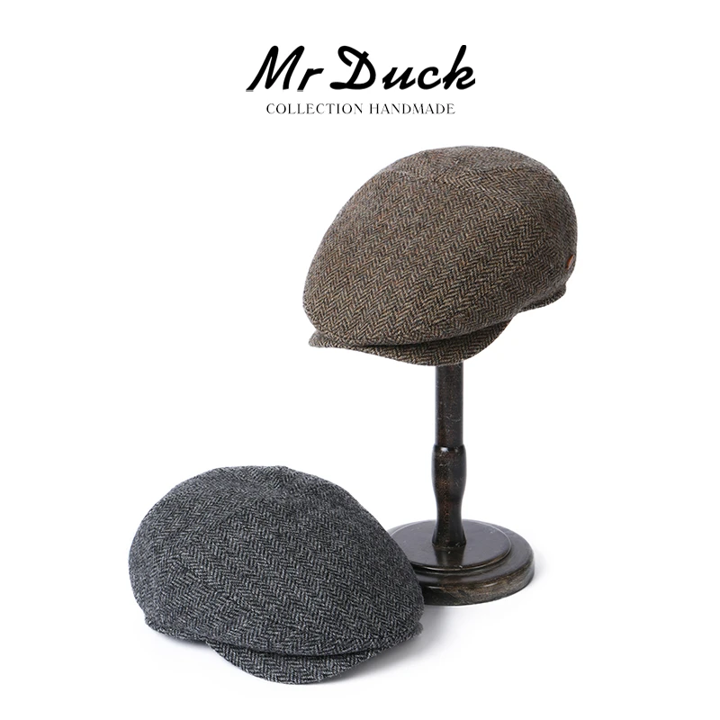 Mr DUCK高奢老钱风鸭舌帽秋冬男女款 英国MOON纯羊毛人字纹前进帽