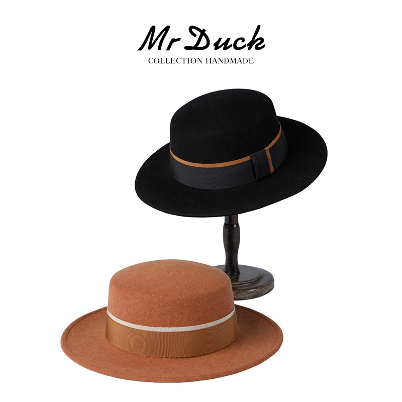 Mr DUCK平顶螺纹织带双拼撞色大边羊毛毡帽经典男女秋冬优雅高档