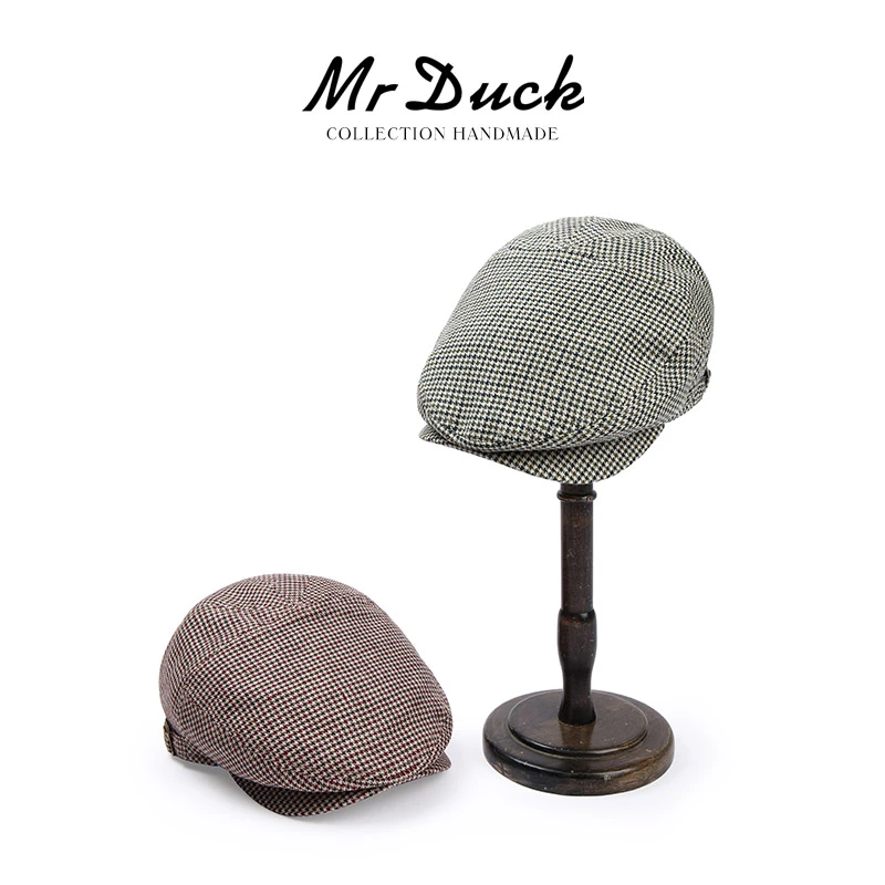 Mr DUCK 英伦细千鸟格100%亚麻鸭舌帽子复古男女