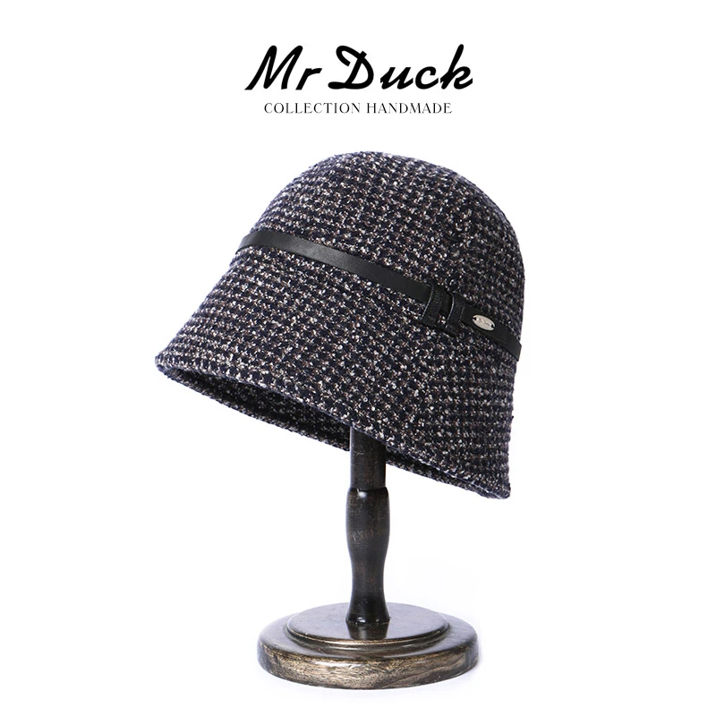 Mr DUCK粗花呢气质格纹面料秋冬复古女士休闲宽松钟形水桶帽盆帽