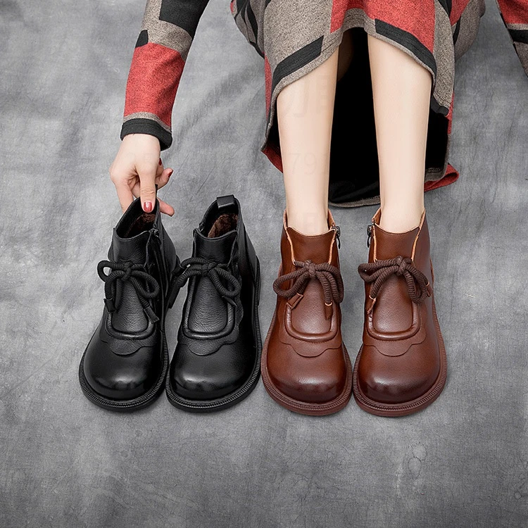 A88真皮风休闲百搭冬款圆头复古马丁靴英伦风靴子厚底中老年软底