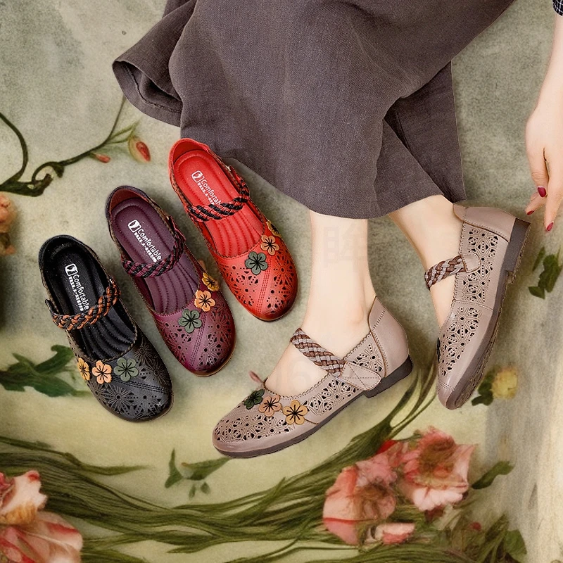 58820夏季镂空单鞋魔术贴洞洞鞋软底软面女鞋轻便防滑百搭妈妈鞋