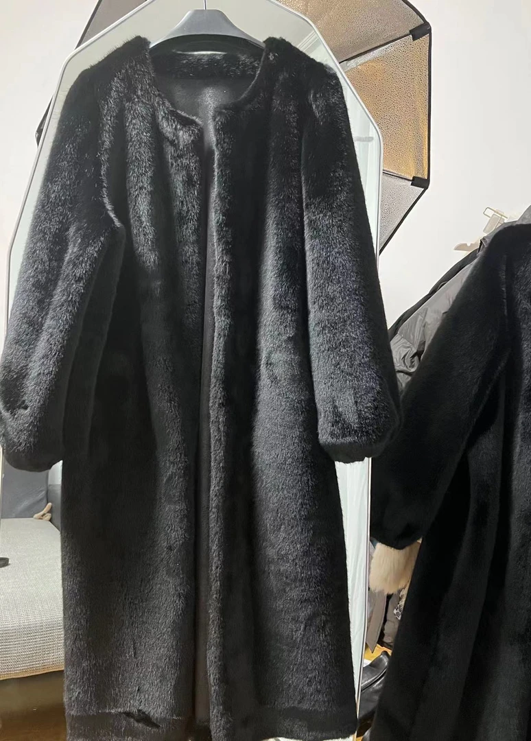 欧洲站2023冬季皮毛一体平替长款黑色圆领长袖仿貂毛带腰带大衣