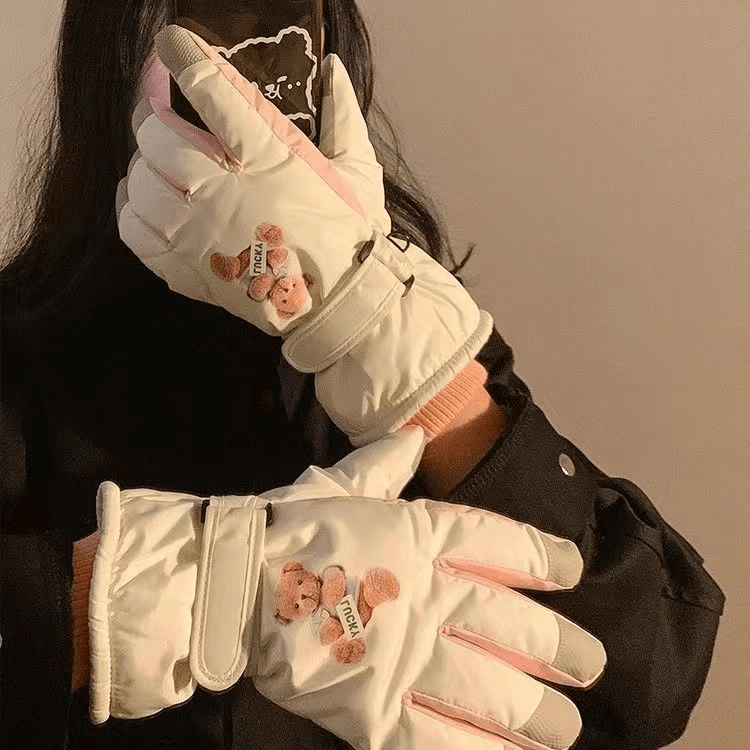 可爱小熊分指滑雪手套女冬季保暖防寒加绒手套可触摸屏骑车防滑