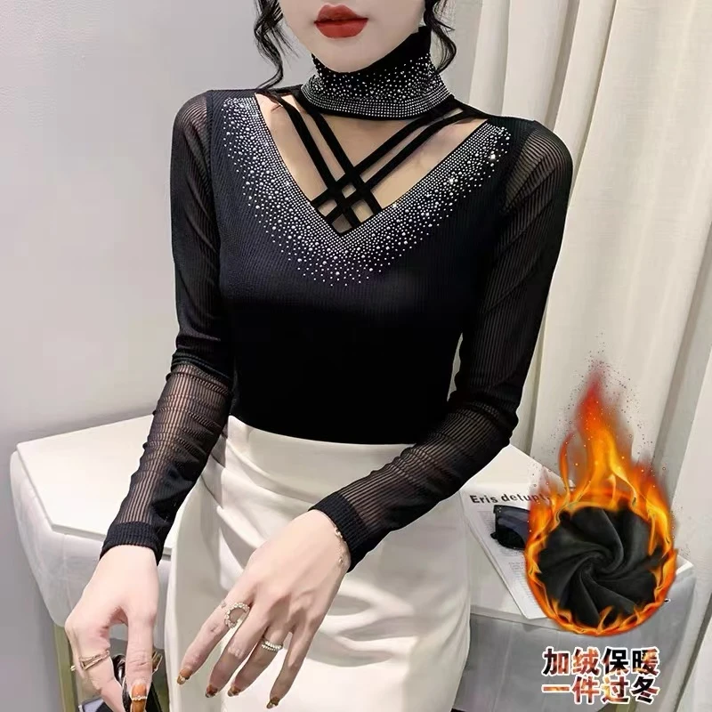 姐9995时尚镂空烫钻T女秋冬加绒打底衫修身洋气时髦网纱内搭上衣