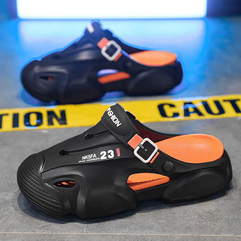 2025新款沙滩鞋外穿百搭户外休闲洞洞鞋男士时尚网红潮流包头拖鞋