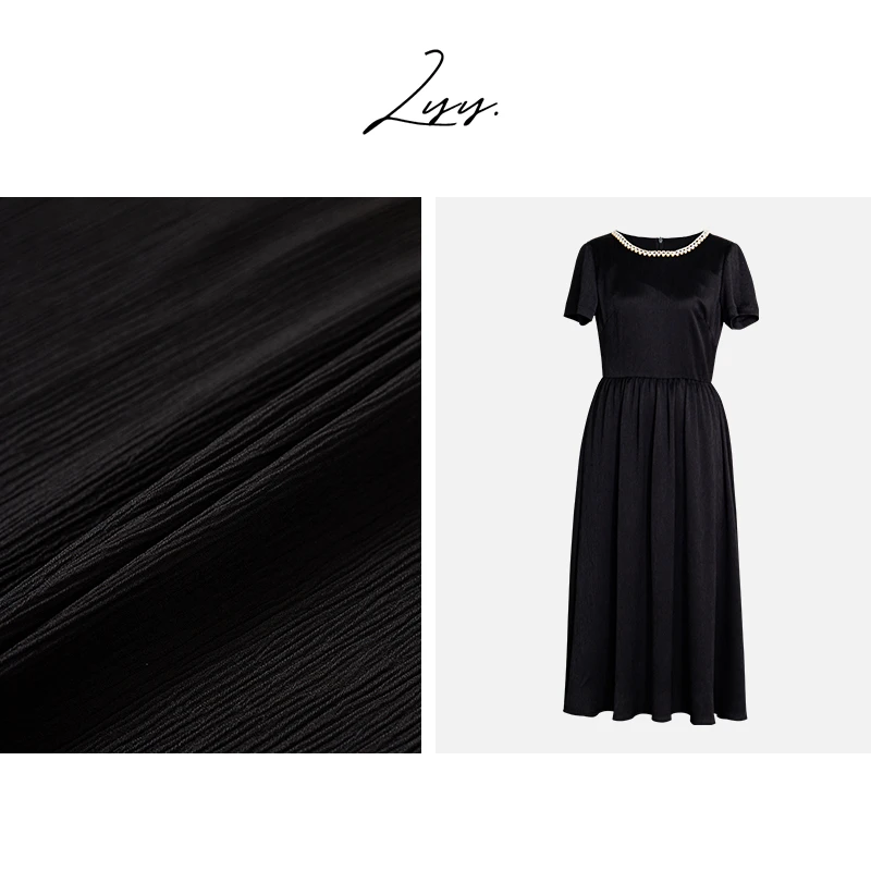 LYY【奢华千金范】法式圆领珍珠边连衣裙赫本风肌理缎面裙子10513