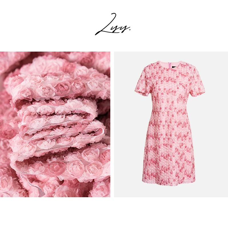 LYY【浪漫粉色】精致立体花朵连衣裙2024夏季新款仙女收腰裙子10515