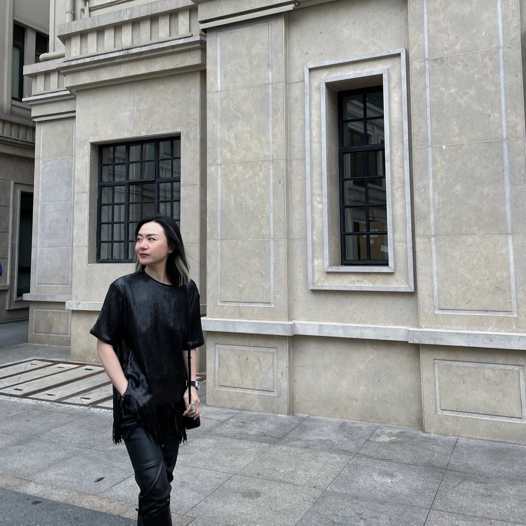 TOFOD“摘星”流苏亮片bling短袖气质闪钻下摆流苏上衣DY214