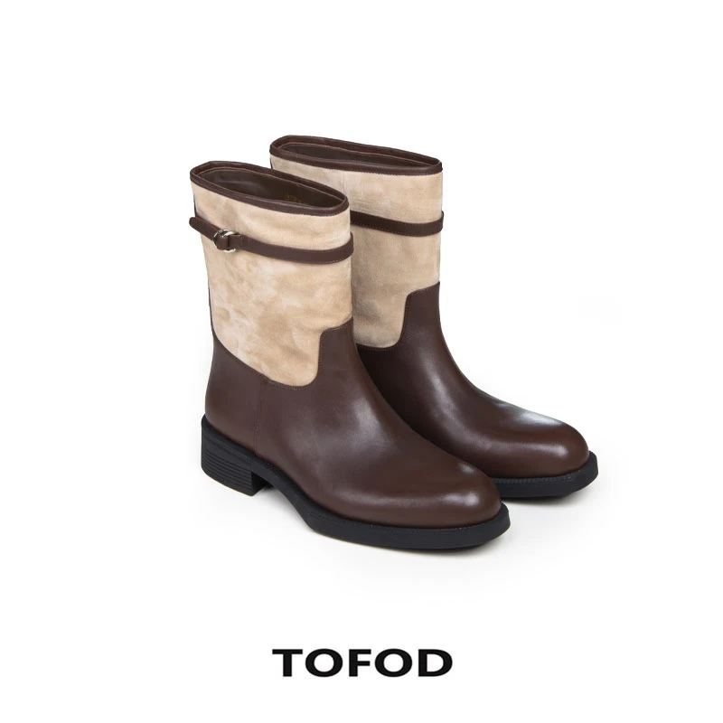 TOFOD ”西部老钱“ 胎牛皮羊猄皮中筒靴骑士靴棕色粗跟DY657
